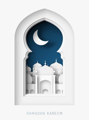 Ramadan Kareem 3d abstract paper cut illustration. Window with islamic mosque. moon and blue sky.