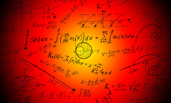 Math physics formulas and symbol on red background