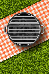 Vector realistic 3d illustration of barbecue grill, gingham red plaid on green grass lawn. Spring, summer bbq picnic in park. Banner, poster design template. Background with copy space.
