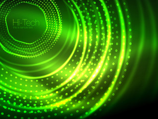 Magic neon circle shape abstract background, shiny light effect template for web banner, business or technology presentation background or elements, vector illustration