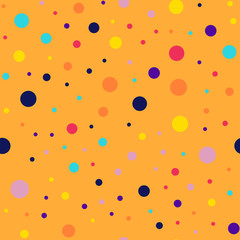 Memphis style polka dots seamless pattern on orange background. Astonishing modern memphis polka dots creative pattern. Bright scattered confetti fall chaotic decor. Vector illustration.
