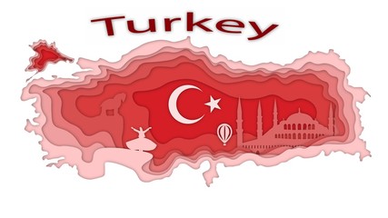 Vector illustration.Turkey, Turkish flag, mosque, trojan horse, darwish, balloon, map, white, pink and red paper.