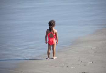 unknown little girl is all alone at the beach