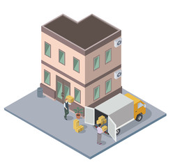 People moving and loading packed boxes, house hunt, flat vector isometric