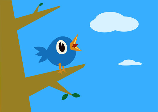 A blue bird singing over a tree branch in a sunny day. Vector illustration