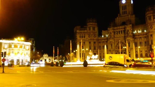 Cibeles fountain in Madrid. Night traffic in Madrid. Timelapse. Spain. Fountain is built in 1782. 