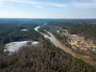 drone image. aerial view of forest river in spring. Gauja, Latvia