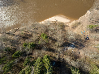 drone image. aerial view of forest river in spring. Gauja, Latvia