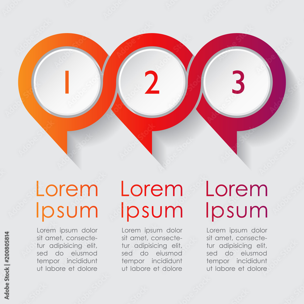 Aufkleber three step colorful round infographic design with numbers and space for text.