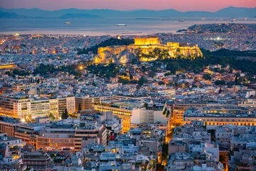 Foto op Canvas Panoramisch luchtfoto van Athene, Griekenland bij zonsondergang in de zomer © sborisov