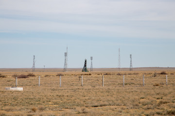 Spaceship Soyuz on Baikonur spaceport  ready for launch