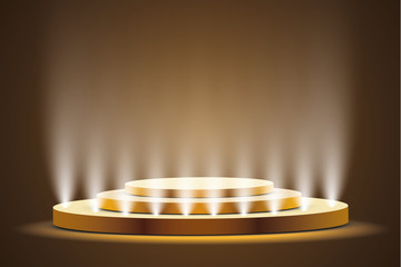 
Golden podium with a spotlight on a dark background, the first place, fame and popularity. Vector illustration
