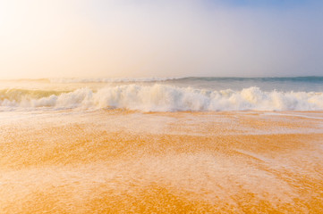 Picturesque scenery seascape of foggy misty abandoned wild beach. Art beautiful landscape of...