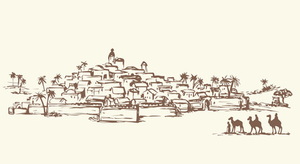 Fototapeta premium Magi go to Bethlehem. Vector drawing