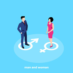 man in business suit and woman in pink dress on blue background, isometric image
