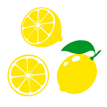 Icon lemon. Set fresh lemon fruits and slice. Isolated on white background. Vector