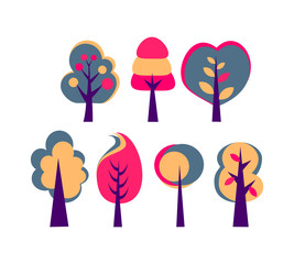 set of trees with big crown vector abstract drawing