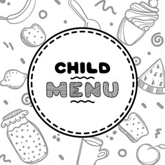 Cute hand drawn menu for cafe on food background. Linear illustration.