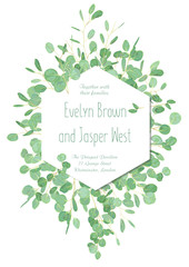 Geometric hexagonal frame for wedding invitation, greeting card, banner, certificate, label with green eucalyptus leaves and branches isolated on white background. Vector pattern vertical