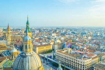 Aerial view Zaragoza dominated by the basilica de nuestra senora de pilar, Spain