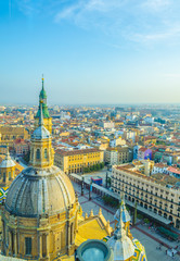 Aerial view Zaragoza dominated by the basilica de nuestra senora de pilar, Spain