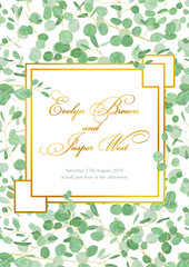 Beautiful rustic wedding invitation card with eucalyptus green leaves and branches in a gold geometric square frame isolated on white background. Vertical