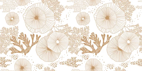 Behang Hand getekende naadloze vector patroon. Gouden koralen en algen op een witte achtergrond voor afdrukken, stof, textiel, productie, behang. Zeebodem. © Oscar Ghost