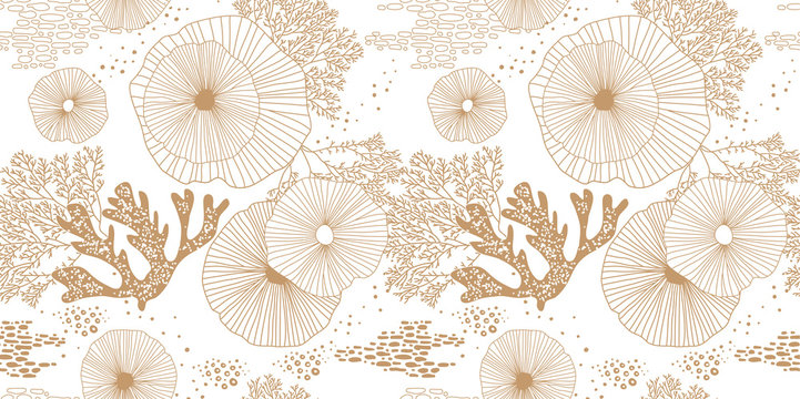 Hand drawn seamless vector pattern. Gold corals and algae on a white background for printing, fabric, textile, manufacturing, wallpapers. Sea bottom.