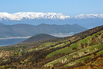 Fototapeta na wymiar Landscape of Little Prespa Lake, Municipality of Devol, Greece.