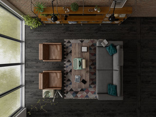 Loft style interior design 3D rendering