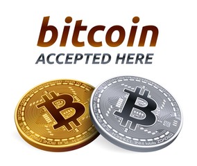 Bitcoin accepted sign emblem. 3D isometric Physical bit coin with text Accepted Here. Cryptocurrency. Golden and silver coins with bitcoin symbol isolated on white background. Vector illustration.