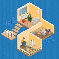 Isometric interior repairs concept. Vector flat 3d illustration.
