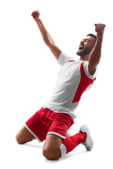 Professional soccer player celebrate victory. Soccer celebration. Isolated on white background