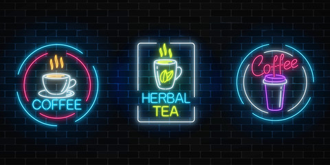 Set of neon coffee and tea signs with frames on dark brick wall background. Hot drinks banners. © generationclash