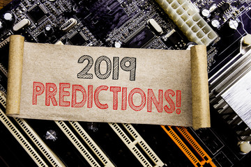 Writing text showing 2019 Predictions. Business concept for Forecast Predictive Written on sticky...