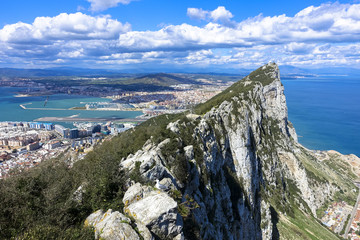 Aerial view of top of Gibraltar Rock. Gibraltar is a territory of South West Europe which is part of the United Kingdom