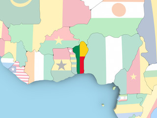 Map of Benin with flag on globe