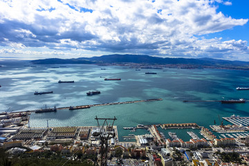 Aerial view of top of Gibraltar Rock. Gibraltar is a territory of South West Europe which is part of the United Kingdom