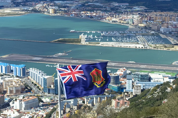 Aerial view of top of Gibraltar Rock. Gibraltar is a territory of South West Europe which is part of the United Kingdom