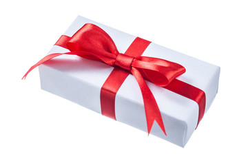 White present box with red bow isolated on white