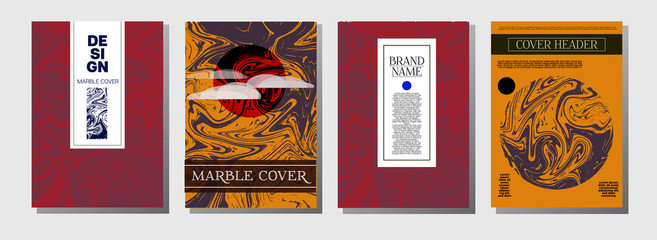 Marble Ink Texture Cover Collection. A4 Vector Liquid Paint Journal Template. Orange, Brown, Green, Trendy Marble Ink Texture Cover Set. Neutral Faded Colors, Hipster Music Poster. Suminagashi Ebru.