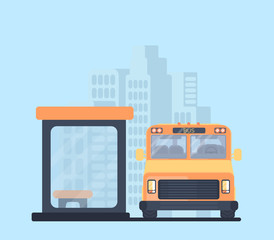City bus with bus stop. School bus. Vehicle for transportation passengers. Urban background.