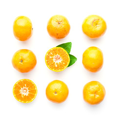 set of orange with leaf isolated on white in top view