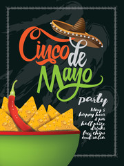 Cinco de Mayo hand drawn lettering with festive straw sombrero party background.  EPS10 vector illustration.