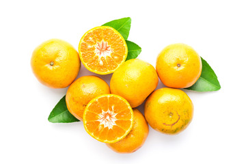 fresh orange with leaf isolated on white in top view