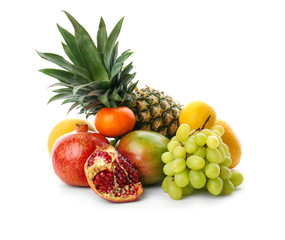 Naklejka na ściany i meble Set of fresh tropical fruits on white background