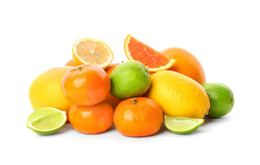 Set of fresh citrus fruits on white background