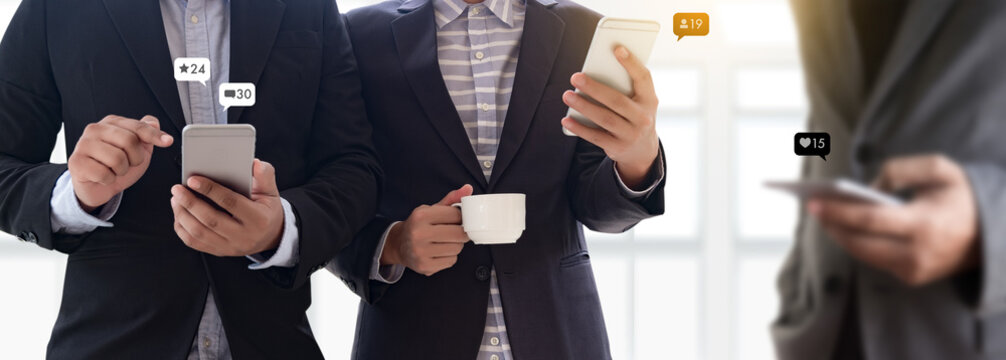 Contact us  sms media man use  smart phone social media network pop notification icons