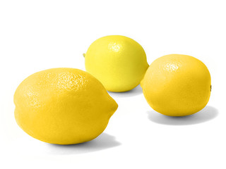 Lemon fruit isolated Close-up photo with three whole ripe lemons on white background
