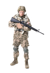 Fototapeta premium Male soldier with machine gun on white background. Military service